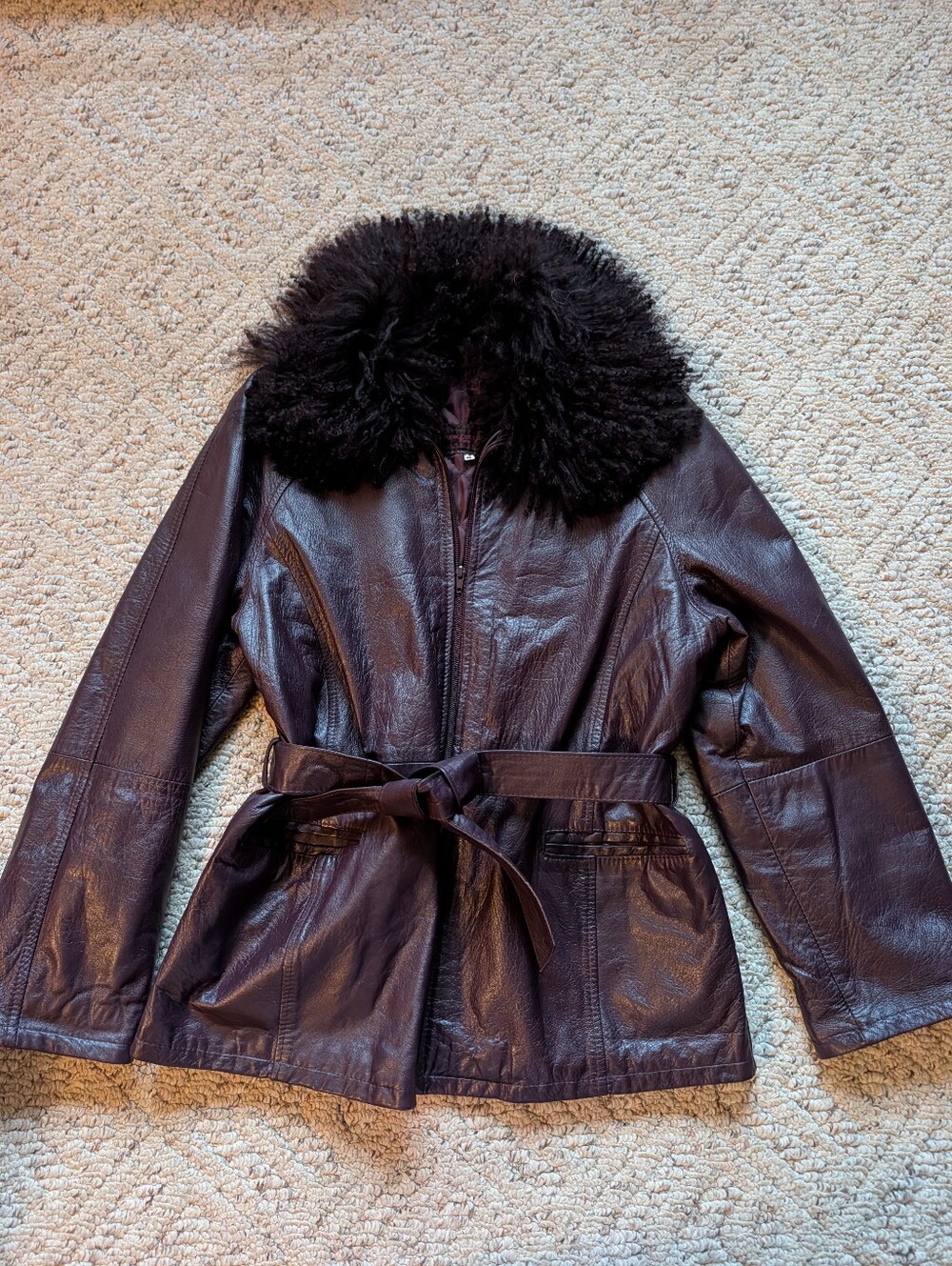 Vintage Vera Pelle Made In Italy Maroon Burgundy Leather Fur Jacket Mob Wife Vtg